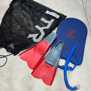 Swim training kit. Board, flippers, snorkel, and bag